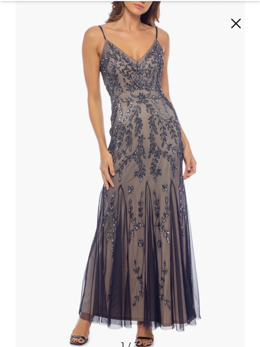 MARINA Navy and Beaded Embroidered Maxi Gown